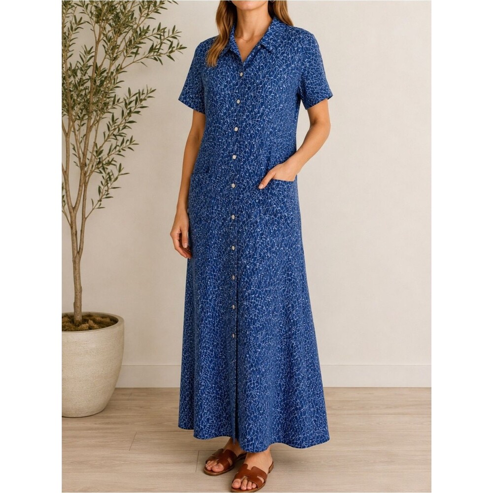 Vintage 90s David Dart Blue Button Front Maxi Shirt Dress Vines Print Size Large